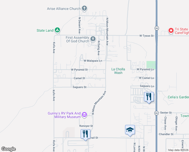 map of restaurants, bars, coffee shops, grocery stores, and more near 731 Camel Street in Quartzsite