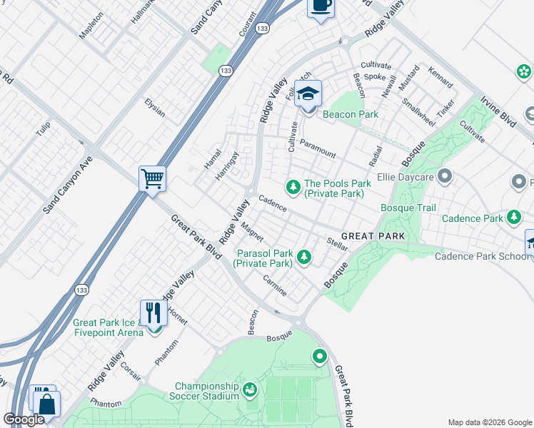 map of restaurants, bars, coffee shops, grocery stores, and more near 112 Stellar in Irvine