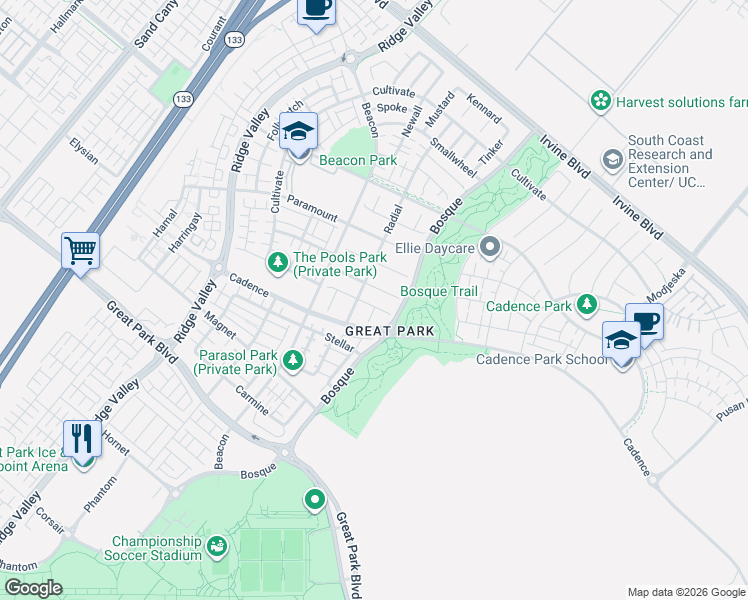 map of restaurants, bars, coffee shops, grocery stores, and more near 109 Nickel in Irvine