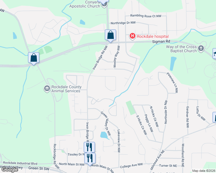 map of restaurants, bars, coffee shops, grocery stores, and more near 1470 Mountain View Circle Northwest in Conyers