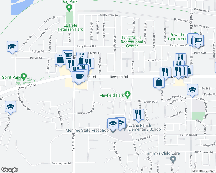map of restaurants, bars, coffee shops, grocery stores, and more near 26290 Rim Creek Path in Menifee