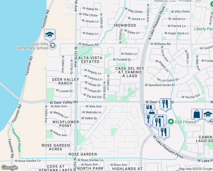map of restaurants, bars, coffee shops, grocery stores, and more near 10510 West Sands Drive in Peoria