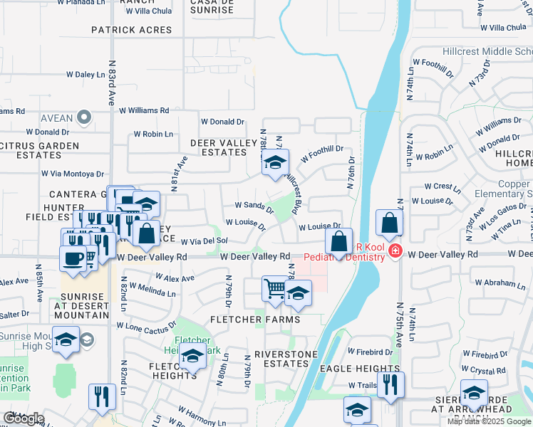 map of restaurants, bars, coffee shops, grocery stores, and more near 7871 West Sands Drive in Peoria