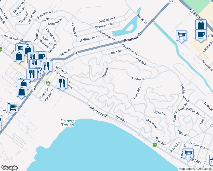 map of restaurants, bars, coffee shops, grocery stores, and more near Skyline Drive in Lake Elsinore
