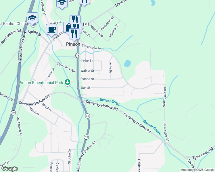 map of restaurants, bars, coffee shops, grocery stores, and more near 4318 Oak Street in Pinson