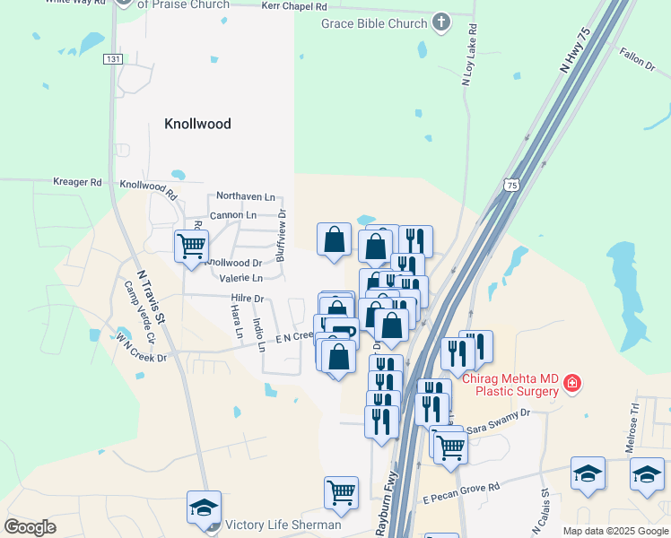 map of restaurants, bars, coffee shops, grocery stores, and more near 610 Graham Drive in Sherman
