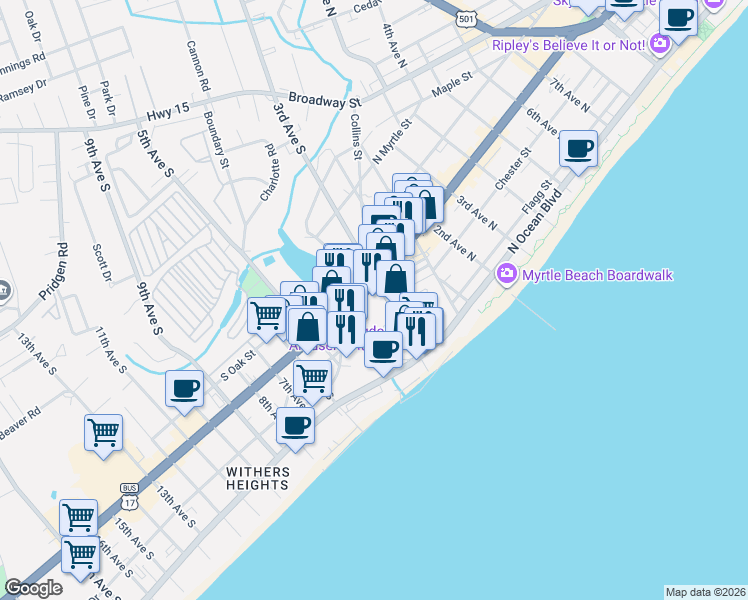 map of restaurants, bars, coffee shops, grocery stores, and more near 301 South Kings Highway in Myrtle Beach