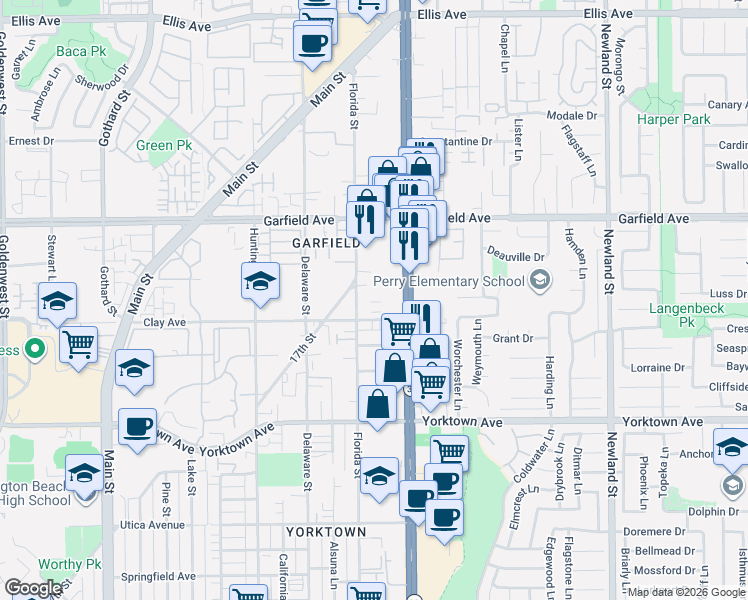 map of restaurants, bars, coffee shops, grocery stores, and more near 19181 Coenson Circle in Huntington Beach