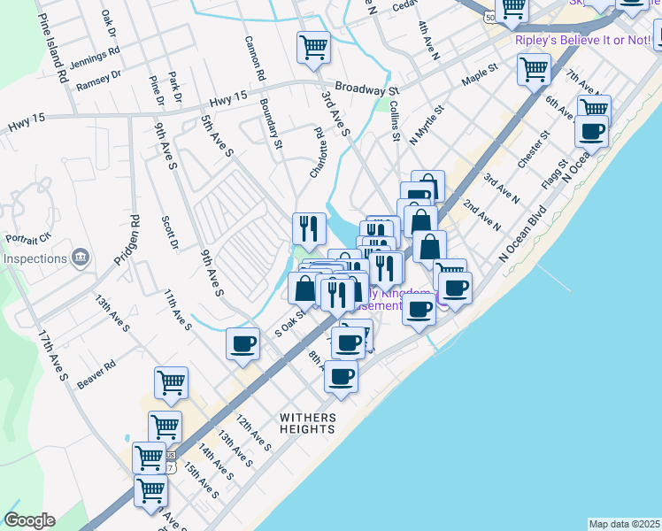 map of restaurants, bars, coffee shops, grocery stores, and more near 604 5th Avenue South in Myrtle Beach
