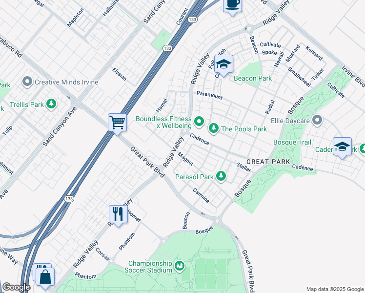 map of restaurants, bars, coffee shops, grocery stores, and more near 155 Interval in Irvine