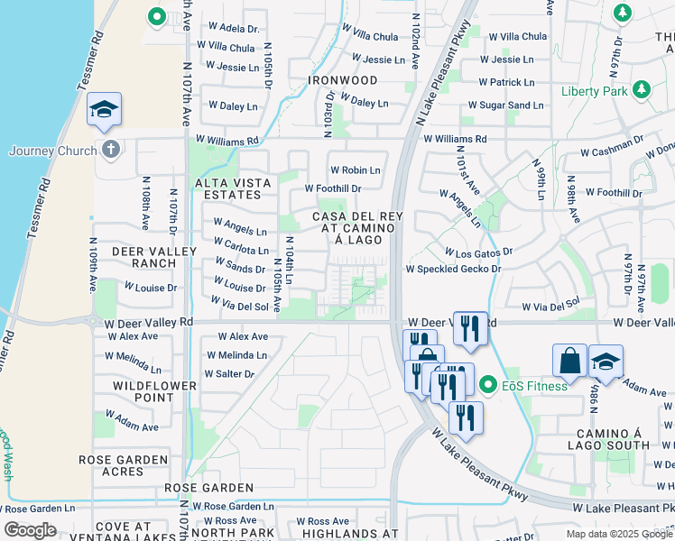 map of restaurants, bars, coffee shops, grocery stores, and more near 10370 West Sands Drive in Peoria