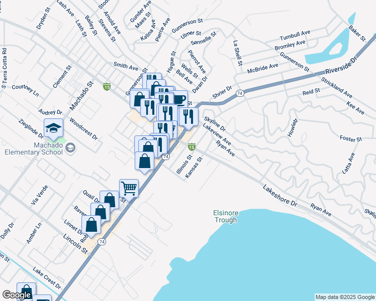 map of restaurants, bars, coffee shops, grocery stores, and more near 16899 Lakeshore Drive in Lake Elsinore