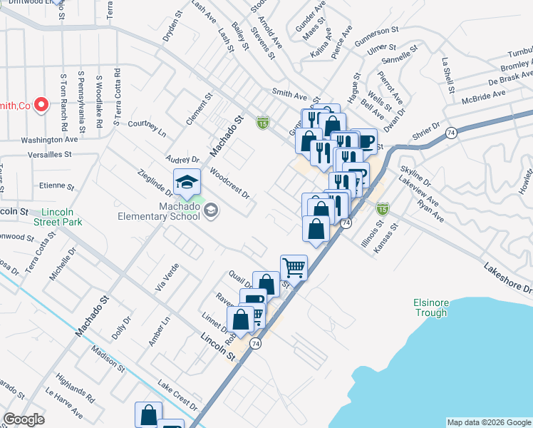 map of restaurants, bars, coffee shops, grocery stores, and more near 713 Walnut Drive in Lake Elsinore