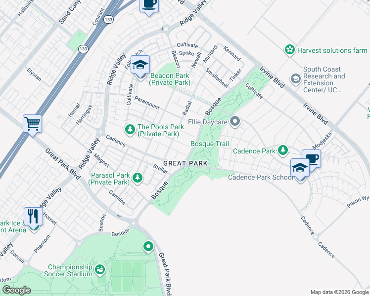map of restaurants, bars, coffee shops, grocery stores, and more near 105 Calderon in Irvine