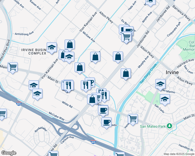 map of restaurants, bars, coffee shops, grocery stores, and more near 2760 Kelvin Avenue in Irvine