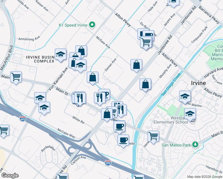 map of restaurants, bars, coffee shops, grocery stores, and more near 2760 Kelvin Avenue in Irvine