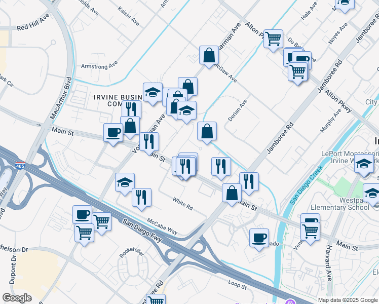 map of restaurants, bars, coffee shops, grocery stores, and more near 17600 Cartwright Road in Irvine