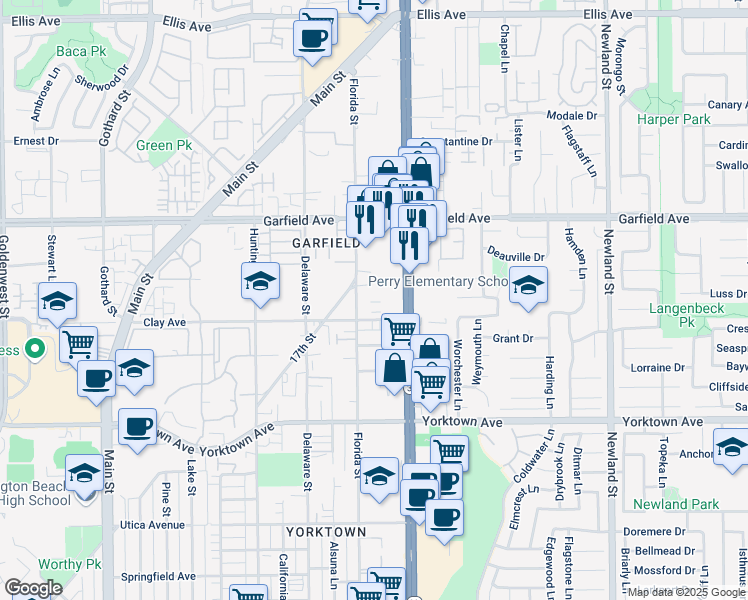 map of restaurants, bars, coffee shops, grocery stores, and more near 19181 Coenson Circle in Huntington Beach
