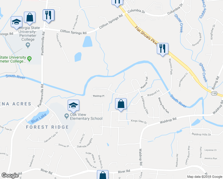map of restaurants, bars, coffee shops, grocery stores, and more near 2103 Waldrop Place in Decatur