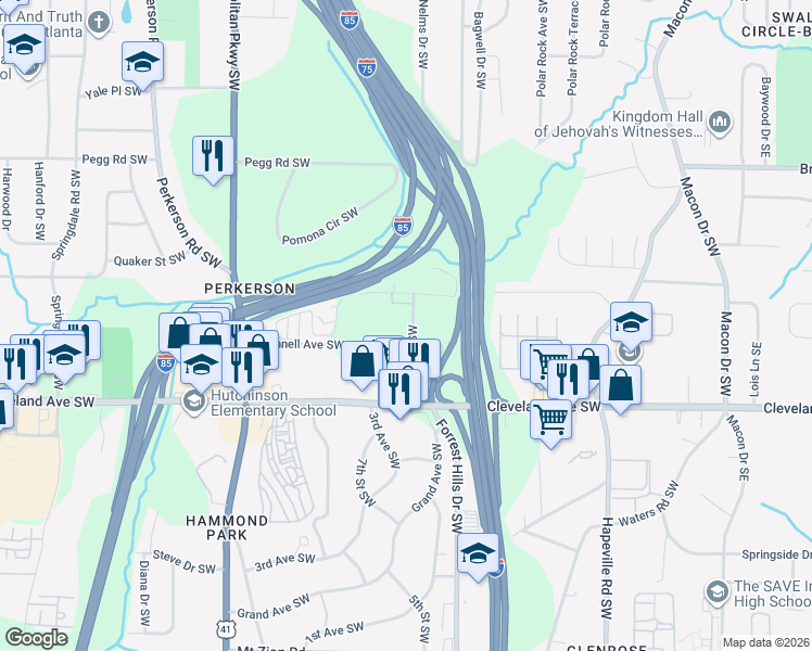 map of restaurants, bars, coffee shops, grocery stores, and more near 2601 Beeler Drive Southwest in Atlanta