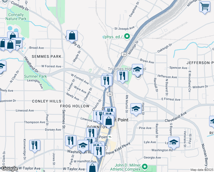 map of restaurants, bars, coffee shops, grocery stores, and more near 2609 North Church Street in East Point