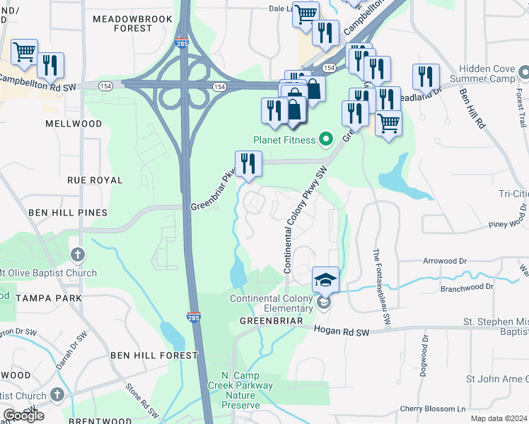 map of restaurants, bars, coffee shops, grocery stores, and more near 2999 Continental Colony Parkway Southwest in Atlanta