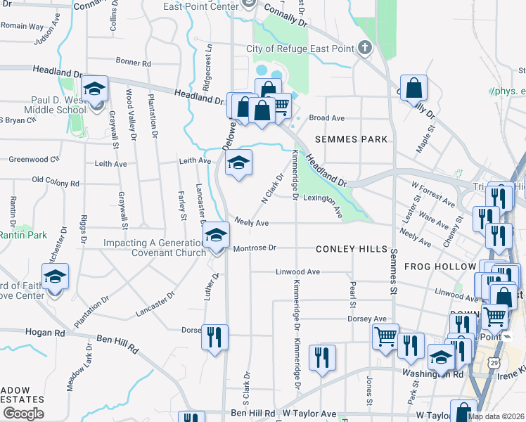 map of restaurants, bars, coffee shops, grocery stores, and more near 2624 North Clark Drive in East Point