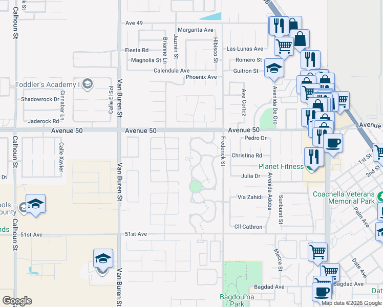 map of restaurants, bars, coffee shops, grocery stores, and more near 50285 Mazatlan Drive in Coachella