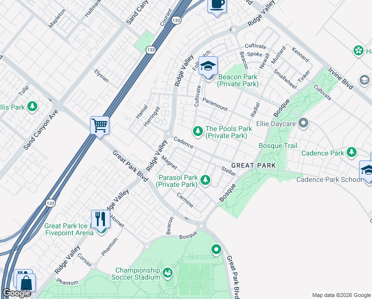 map of restaurants, bars, coffee shops, grocery stores, and more near 119 Stellar in Irvine