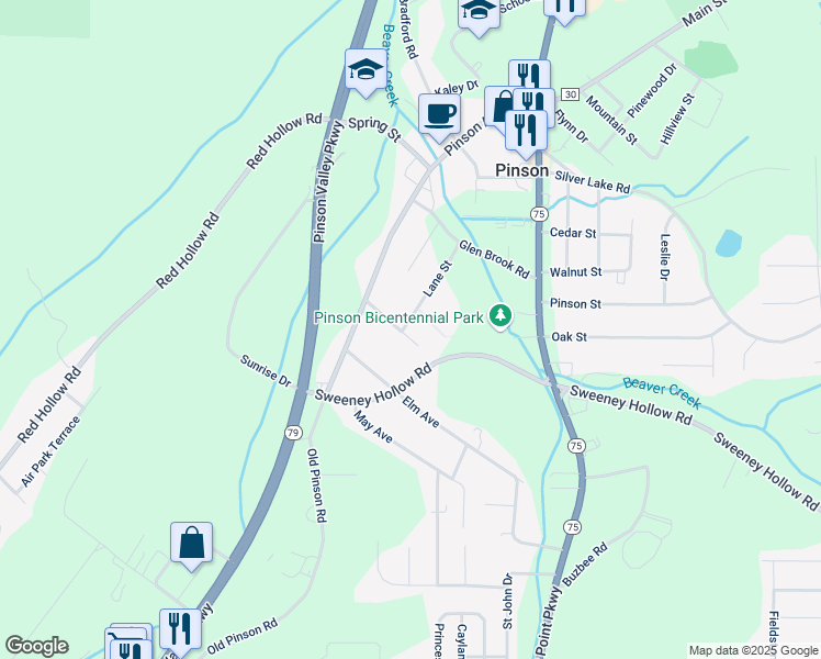 map of restaurants, bars, coffee shops, grocery stores, and more near 6209 Lane Street in Pinson