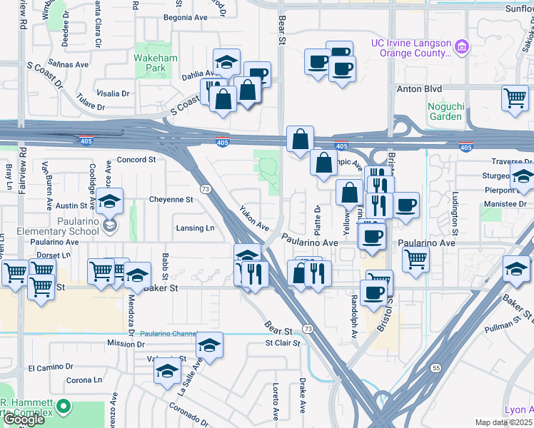 map of restaurants, bars, coffee shops, grocery stores, and more near 878 Prospect Place in Costa Mesa