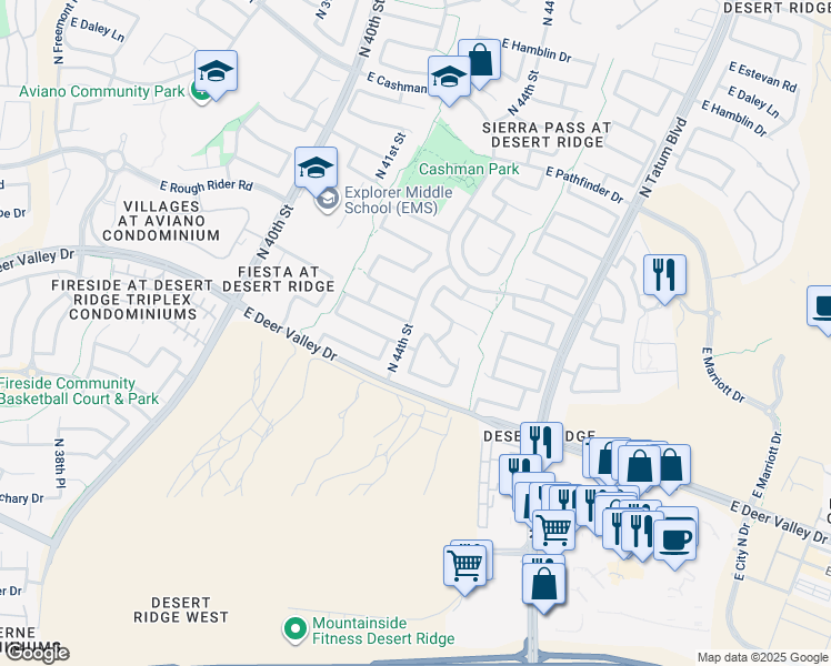 map of restaurants, bars, coffee shops, grocery stores, and more near 21642 North 44th Place in Phoenix