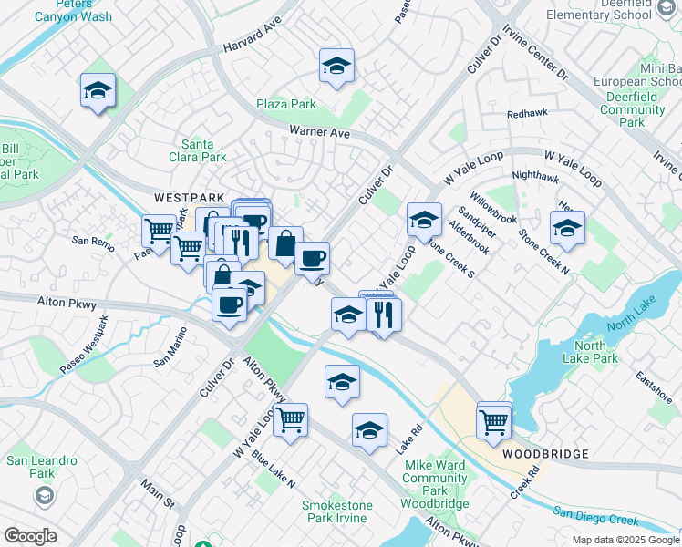 map of restaurants, bars, coffee shops, grocery stores, and more near 115 Pinestone in Irvine