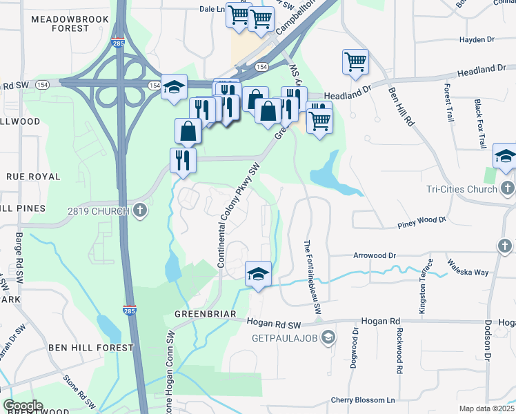 map of restaurants, bars, coffee shops, grocery stores, and more near 3000 Continental Colony Parkway Southwest in Atlanta