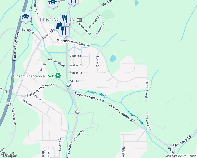 map of restaurants, bars, coffee shops, grocery stores, and more near 4338 Oak Street in Dixiana