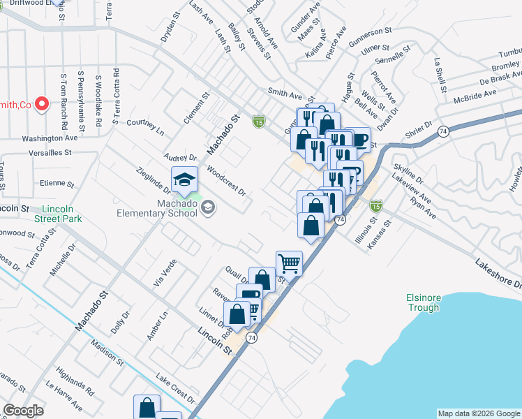 map of restaurants, bars, coffee shops, grocery stores, and more near 713 Walnut Drive in Lake Elsinore