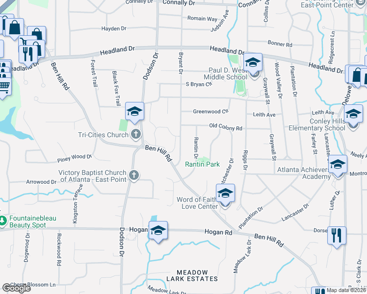 map of restaurants, bars, coffee shops, grocery stores, and more near 2624 Bryant Drive in Atlanta