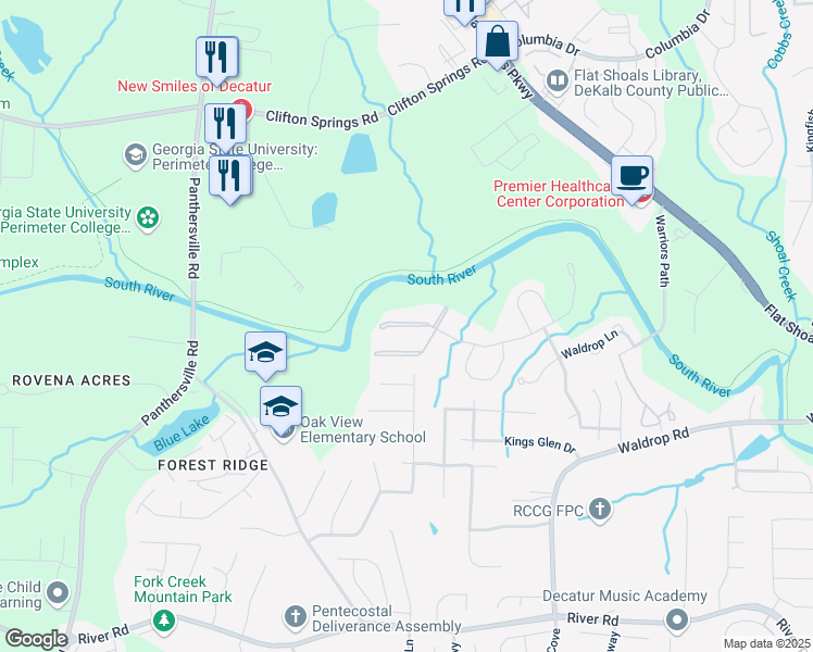 map of restaurants, bars, coffee shops, grocery stores, and more near 17301 Waldrop Cove in Decatur
