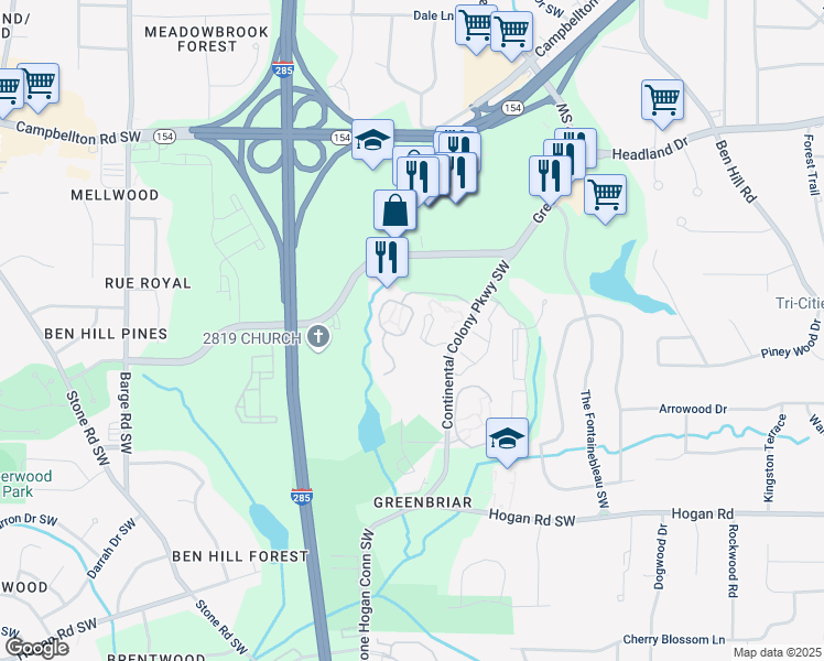 map of restaurants, bars, coffee shops, grocery stores, and more near 2999 Continental Colony Parkway Southwest in Atlanta