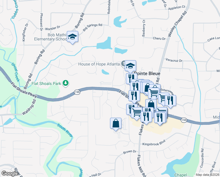 map of restaurants, bars, coffee shops, grocery stores, and more near Flat Shoals Parkway in Decatur