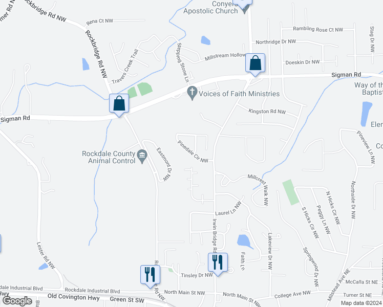 map of restaurants, bars, coffee shops, grocery stores, and more near 1172 Pinedale Circle Northwest in Conyers