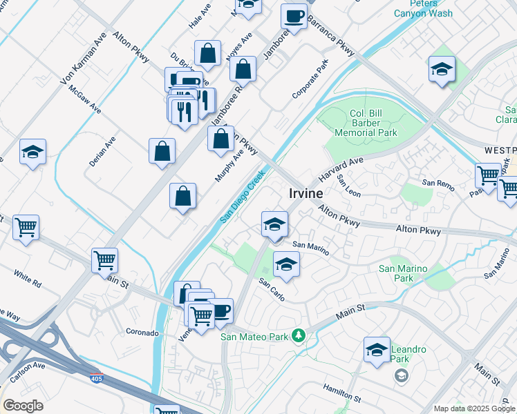map of restaurants, bars, coffee shops, grocery stores, and more near 82 Alicante Aisle in Irvine