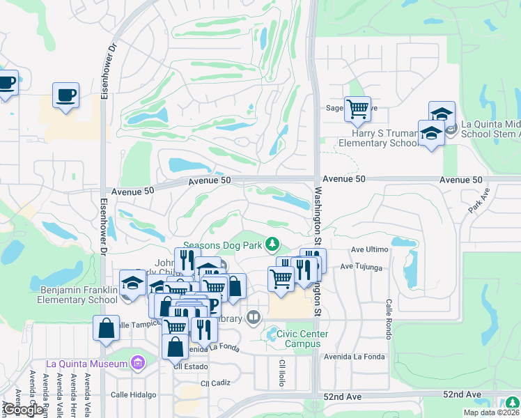 map of restaurants, bars, coffee shops, grocery stores, and more near 78091 Calle Norte in La Quinta