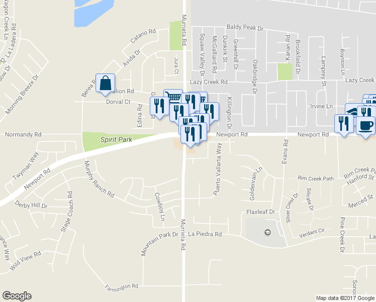map of restaurants, bars, coffee shops, grocery stores, and more near 30166 Murrieta Road in Menifee