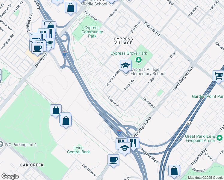 map of restaurants, bars, coffee shops, grocery stores, and more near 64 Emerald Clover in Irvine