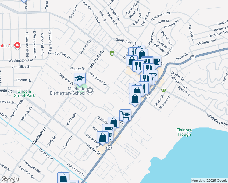 map of restaurants, bars, coffee shops, grocery stores, and more near 16511 Badalona Street in Lake Elsinore