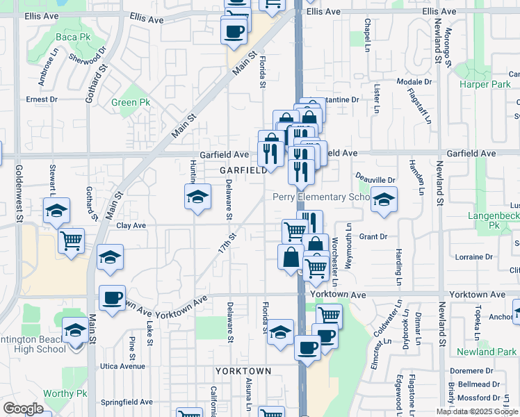 map of restaurants, bars, coffee shops, grocery stores, and more near 19182 17th Street in Huntington Beach