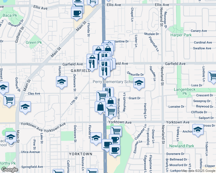 map of restaurants, bars, coffee shops, grocery stores, and more near 19202 Beach Boulevard in Huntington Beach