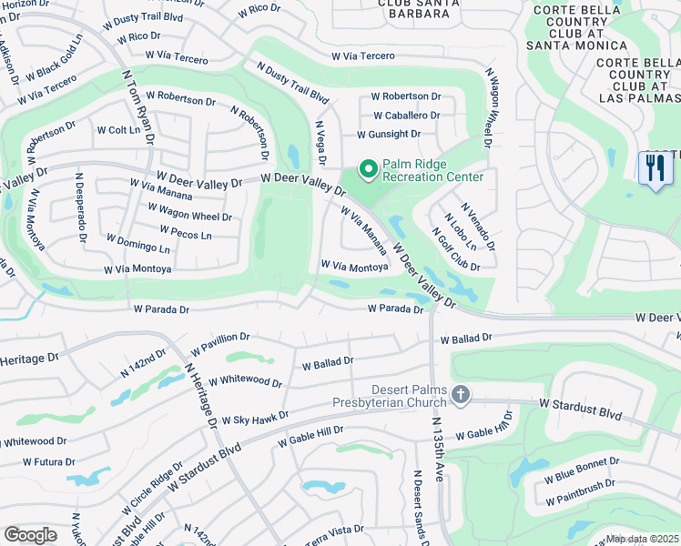 map of restaurants, bars, coffee shops, grocery stores, and more near 13821 West Vía Montoya in Sun City West