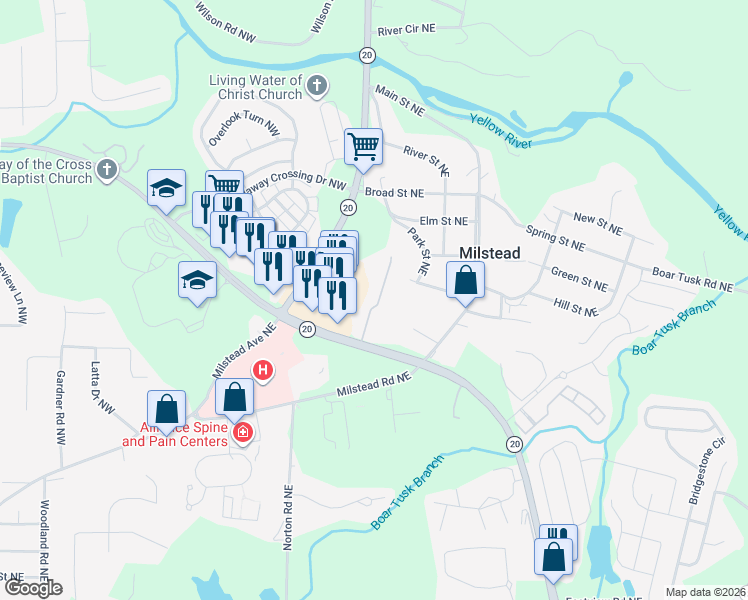 map of restaurants, bars, coffee shops, grocery stores, and more near 135 Ellis Drive in Conyers